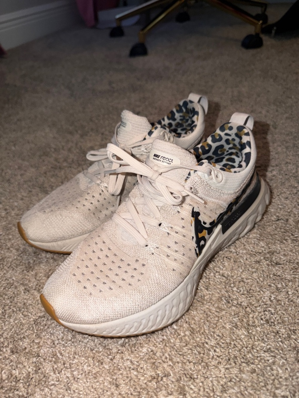 Nike Women's Beige Knit Running Shoes with Leopard-Accent Swoosh